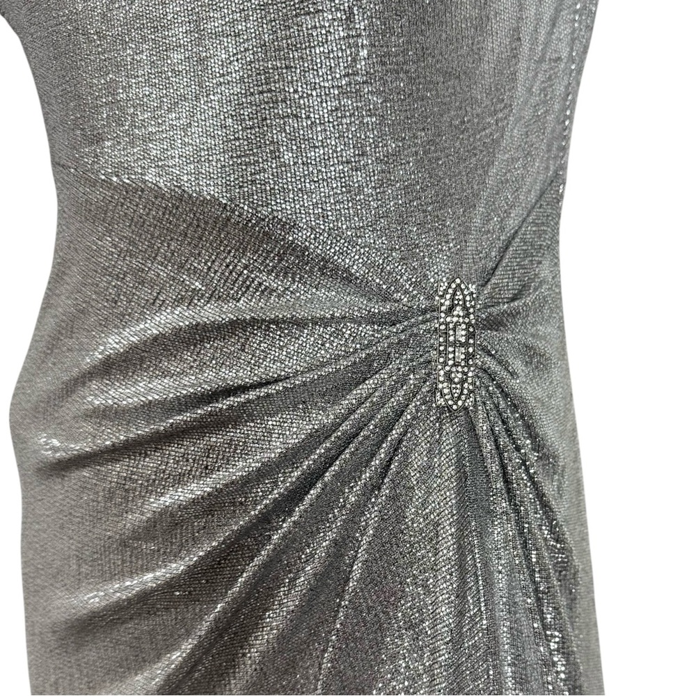 Lauren Ralph Lauren Metallic Silver Side Slit Runched Embellished Pin Maxi Dress - Picture 4 of 12